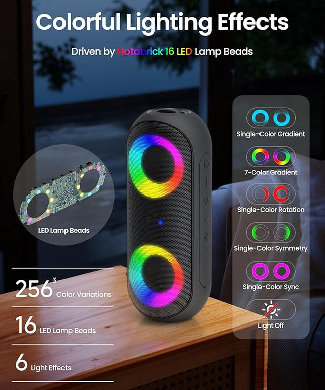 Bluetooth Speaker with RGB Light, 30W Portable Bluetooth Wireless(100FT Range) Loud Stereo Sound, IPX7 Waterproof Shower Speakers, RGB Multi-Colors Rhythm Lights, 1000mins Playtime for Indoor&Outdoor