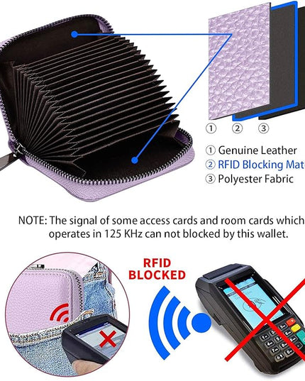 Linno RFID 20 Slots Credit Card Holder Genuine Leather Small Wallet for Women or Men with Zipper