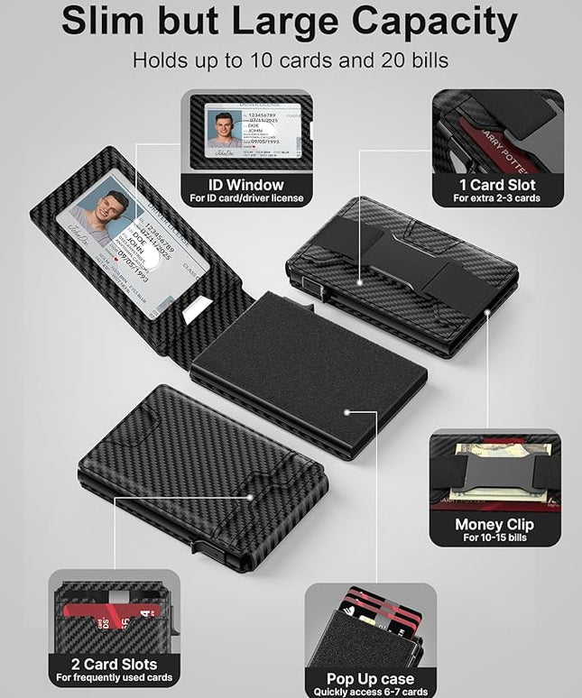 typecase Mens Wallet Card Holder: Pop Up Card Case, Genuine Leather, RFID Blocking, Smart, Slim, Minimalist, Thin - 13 Card Capacitiy, ID Window, Cash Strap (Carbon Fiber)