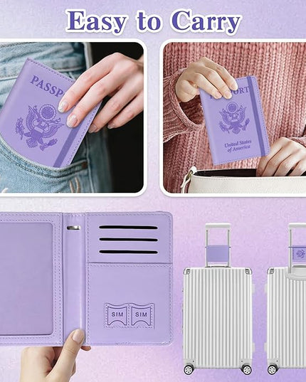 Passport Holder for Travel, RFID Blocking Passport Cover with Pen Holder Leather Passport Wallet Case Travel Must Haves Accessories Passport Book Card Holder for Family Travel Essentials Gifts, Purple
