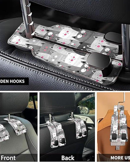 Car Seat Headrest Hook, Universal Leather Cute Hanger Holder Hook, Storage Organizer Interior Accessories for Purse Bags Handbag Funny Grey Cats