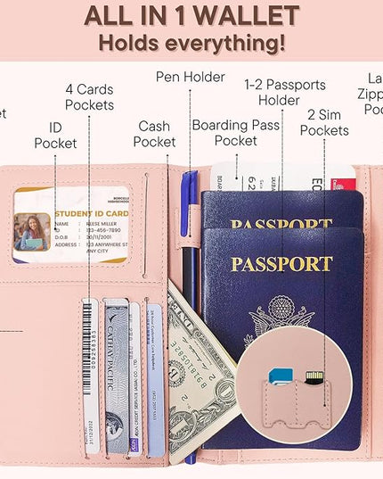 elzama Passport Holder with Airtag Slot for Travel Women, RFID Passport Wallet with Airtag Holder, Zipper Pocket Card Slots Pen Holder & Airtags Keychain (Air tag Not Included) Pink
