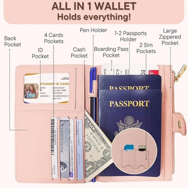 elzama Passport Holder with Airtag Slot for Travel Women, RFID Passport Wallet with Airtag Holder, Zipper Pocket Card Slots Pen Holder & Airtags Keychain (Air tag Not Included) Pink