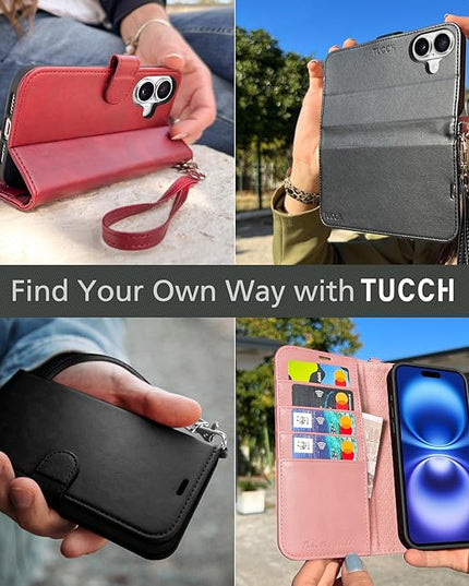 TUCCH Case Wallet for iPhone 16, [Wrist Strap] RFID Blocking 4 Card Slots Kickstand [Shockproof TPU Shell], PU Leather Magnetic Flip Cover Compatible with iPhone 16 5G 2024, Black with Wristlet
