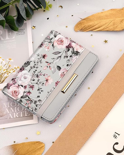 Passport Holder Cover Travel RFID Blocking Passport Cover Rose Gold Cute Flowers Passport Wallet with Elastic Band for Women
