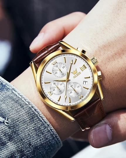 OLEVS Men's Chronograph Leather Watch, Big Face Easy to Read Analog Quartz Dress Watch, Casual Waterproof Luminous Hands Date Watches for Men, White/Blue/Black/Gold Dial