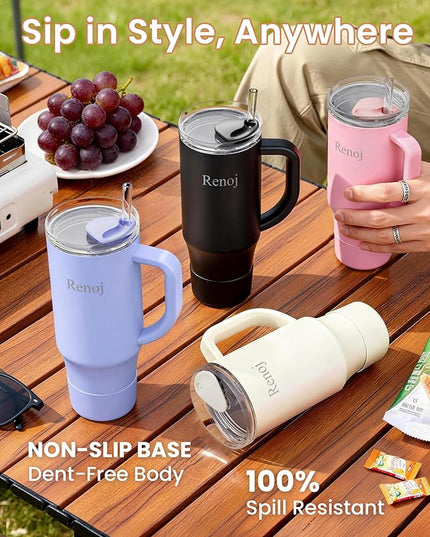 Renoj Tumbler with Handle 100% Spill Resistant Insulated Water Bottle for Iced Coffee & Hot Drinks - Fits Car Cup Holder, Ideal Gift, 2 Straws & Silicone Boot BPA-Free - FlexSlide White 32 oz