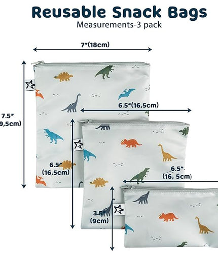 Tiny Twinkle Reusable Snack Bags for Kids – 3 Pack Snack Pouches & Sandwich Bag for Toddlers – Machine Washable, Mess-Proof for Lunch & Travel (Dinosaur)