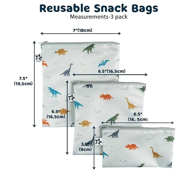 Tiny Twinkle Reusable Snack Bags for Kids – 3 Pack Snack Pouches & Sandwich Bag for Toddlers – Machine Washable, Mess-Proof for Lunch & Travel (Dinosaur)