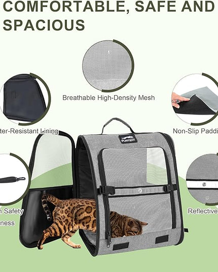 Pet Backpack Carrier for Small Dogs and Cats, Comfortable Portable Cat Bag for Travel Use with Ventilated Mesh, Safety Strap, and Easy-Clean Waterproof Fabric, Grey