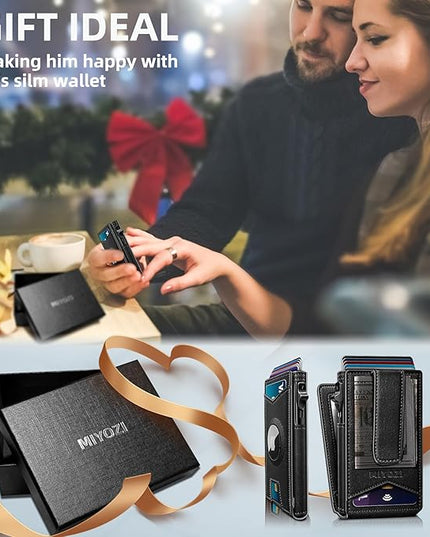 miyozi Airtag Wallet for Men Money Clip 9-Card Pop-Up Credit Card Holder with ID Window RFID Blocking Metal Case Magnetic Closure Front Pocket Wallet Gift Box