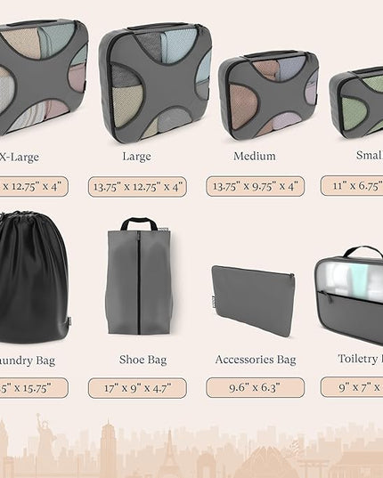 Shacke Premium 8 Packing Cubes Set - Lightweight Mesh Travel Luggage Organizers with Laundry Bag, 8-Piece Suitcase Storage System (Dark Grey)
