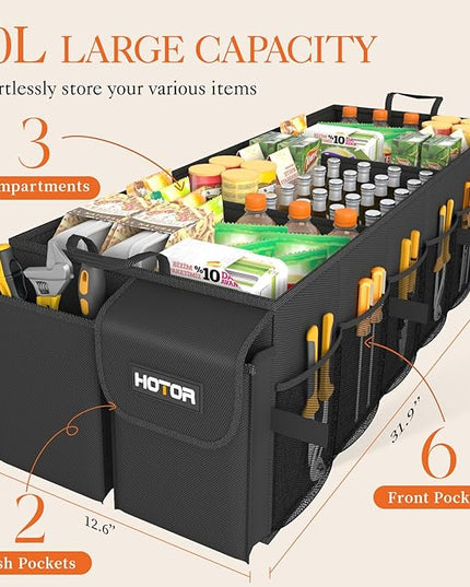 HOTOR Foldable Trunk Organizer - SUV & Sedan Compatible, 3 Compartment, Black, 31.9"×12.6"×10.6" Sturdy Car Organization for Accessories, Tools, Sundries
