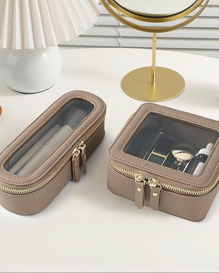 Aveniee Slim Clear Makeup Brush Bag, Small Cosmetic Brush Holder, Mini Toiletry Bag Travel Case for Women, Thin Make up Bags with Dual Zipper, Cute Travel Essentials Bag Organize - Taupe