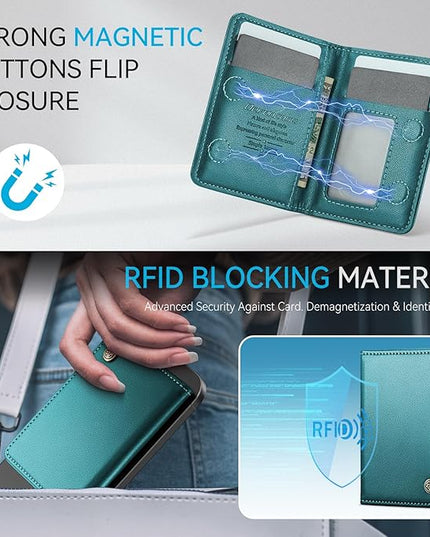 Defencase for Magsafe Wallet Magnetic Card Holder RFID Blocking, PU Leather Minimalist Phone Wallet for MagSafe Phones and Cases for iPhone 17/16/ 15/14/ 13/12/ Pro/Max/Plus/Air, Blue Green