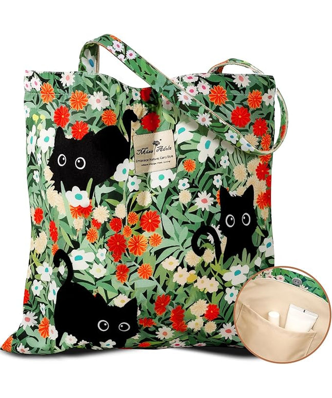 Aesthetic Cotton Tote Bag for Women - Reusable Shoulder Bag with Buckle Fabric Bag for Gym, Travel, Work
