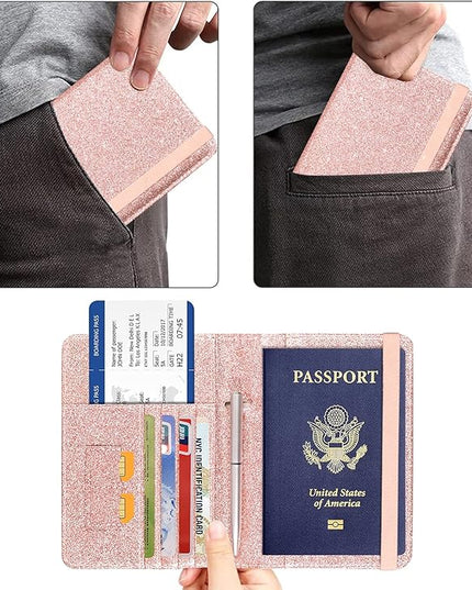 ACdream Passport Holder Cover, Leather Travel Wallet Case, RFID Blocking Document Organizer Protecrtor, with Slots for Credit Cards, Boarding Pass, for Women and Men, Glitter Rose Gold