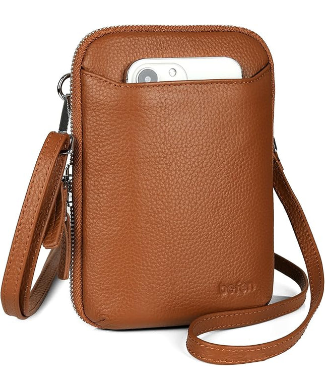 befen Genuine Leather Crossbody Cell Phone Purse for Women, Small Zip Around RFID Blocking Crossbody Wallet Bags