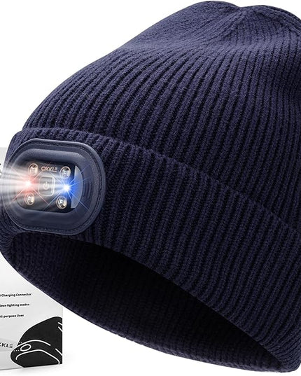 OKKLE Unisex LED Beanie with Light, USB Rechargeable Headlamp Hat, Winter Gifts for Men Women Husband Him Dark Blue