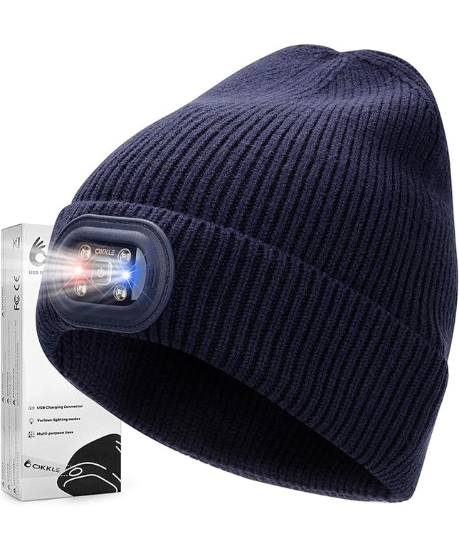 OKKLE Unisex LED Beanie with Light, USB Rechargeable Headlamp Hat, Winter Gifts for Men Women Husband Him Dark Blue