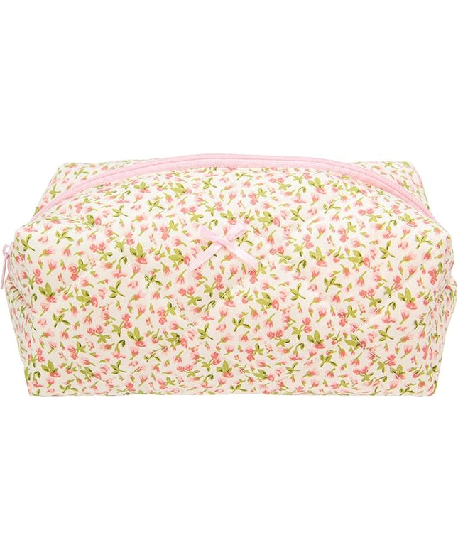 Cozy Makeup Bag Travel Cosmetic Bag for Women Soft Toiletry Bag Aesthetic Makeup Organizer Portable Large Zipper Pouch for Skincare Beauty Accessories Brushes Floral Pink