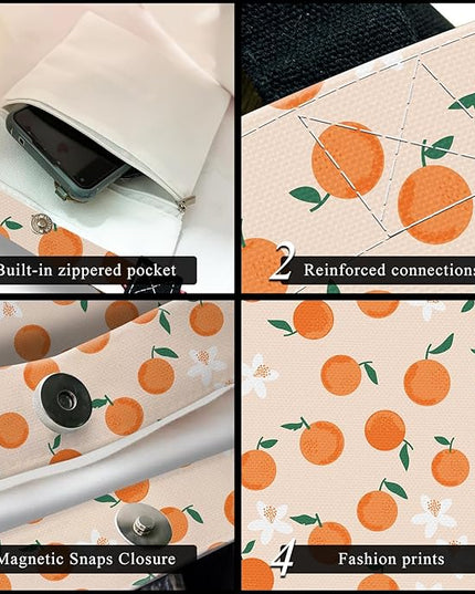 Canvas Tote Bag for Women，Cute Heavy-Duty Shoulder Bag with Zipper Pocket -Travel Tote for Grocery, Gym,Shopping