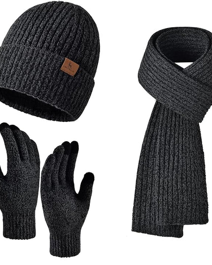 Men Women Winter Beanie Hats Scarf with Touchscreen Gloves Warm Knit Themal Gloves Long Scarf Set with Fleece Lined
