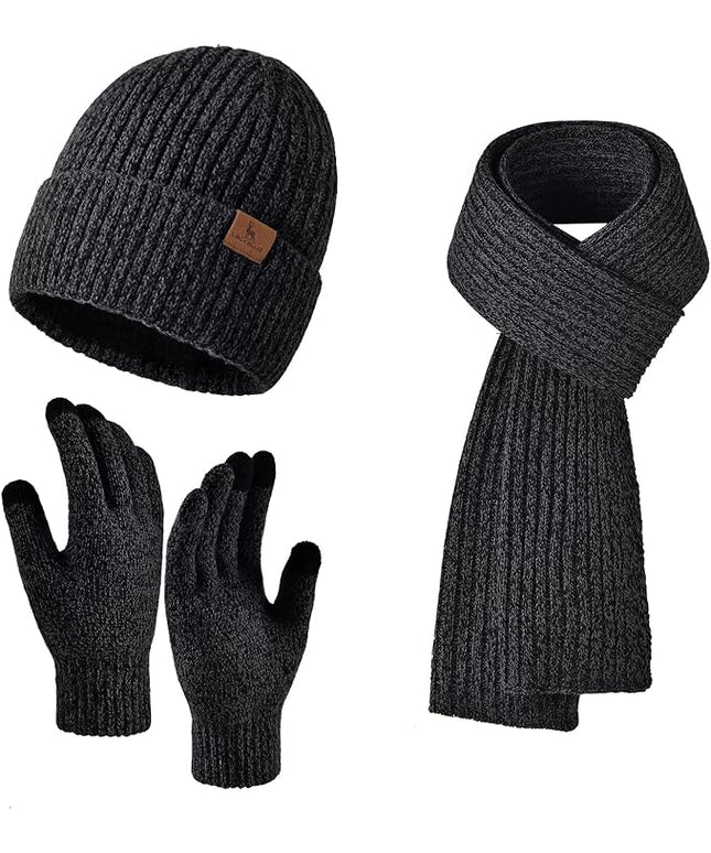 Men Women Winter Beanie Hats Scarf with Touchscreen Gloves Warm Knit Themal Gloves Long Scarf Set with Fleece Lined