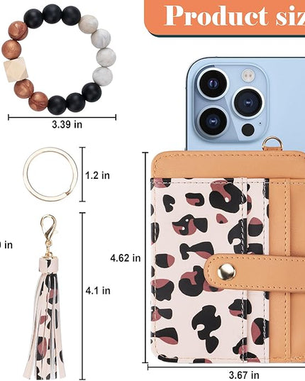 Keychain Wallet with Bracelet RFID Blocking Wristlet Credit Purse Card Holder, Silicone Bead Tassel Key Ring for Women