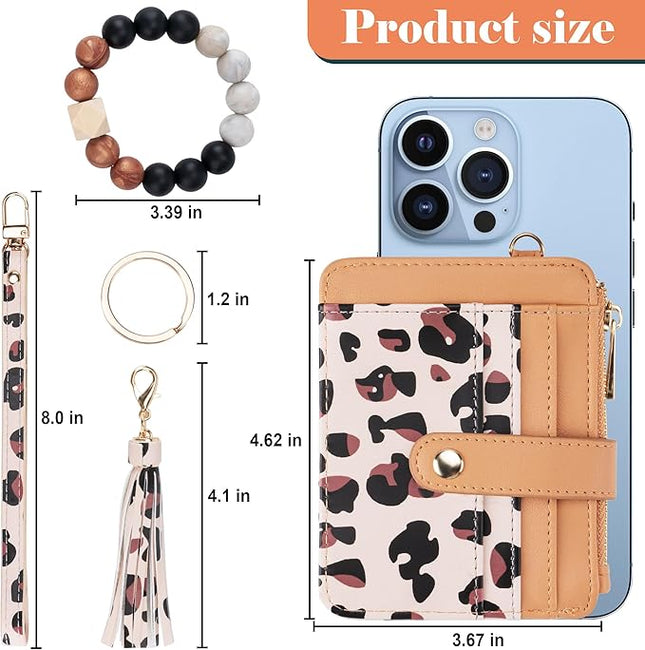 Keychain Wallet with Bracelet RFID Blocking Wristlet Credit Purse Card Holder, Silicone Bead Tassel Key Ring for Women