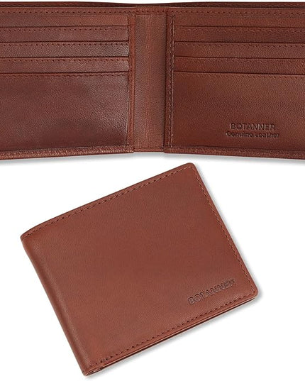 BOTANNER Genuine Leather Mens Bifold Wallet | RFID Blocking, 8 Credit Card Slots, 2 Sections for Bills & 2 Additional Slots | Dark walnut brown