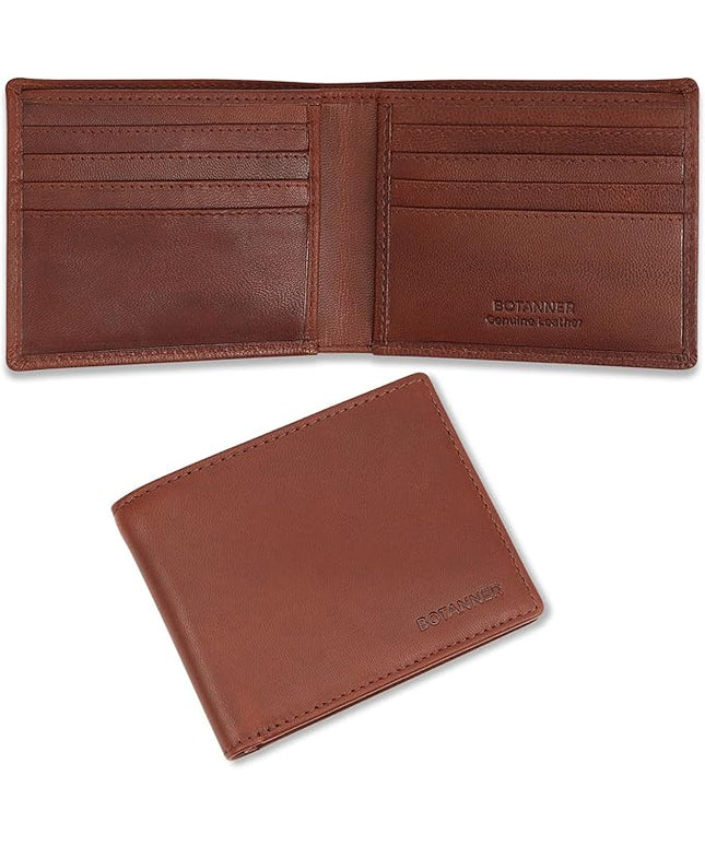 BOTANNER Genuine Leather Mens Bifold Wallet | RFID Blocking, 8 Credit Card Slots, 2 Sections for Bills & 2 Additional Slots | Dark walnut brown