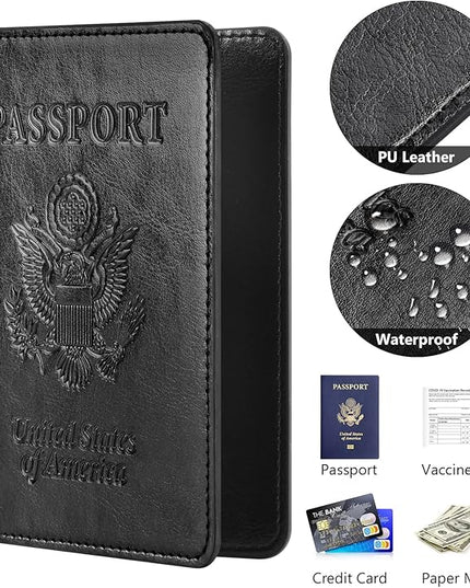Eoehro Passport and Vaccine Card Holder Combo, Faux Leather, Compact, Lightweight, Waterproof, AA-Black