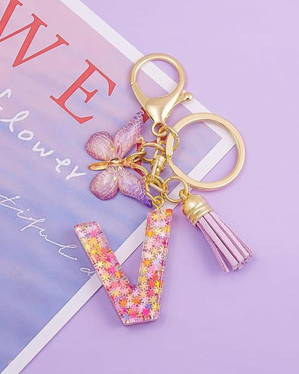 Fashion Alphabet Initial Letter Keychain Tassel Butterfly Pendant Key Ring for Purse Handbags Women Girl