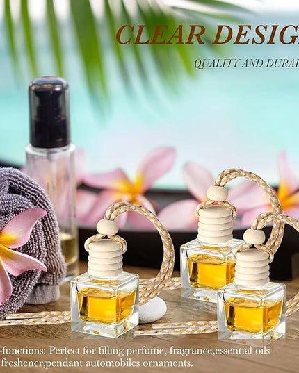 BBTO 200 Pcs Hanging Car Diffuser Bottles Bulk, Empty Clear Glass Air Freshener Bottles with Wooden Cap for Perfume Essential Oils Fragrance Aromatherapy Ornament(Square)