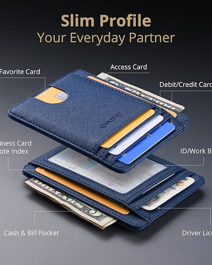 Buffway Slim Minimalist Front Pocket RFID Blocking Leather Wallets for Men and Women - Cross Blue