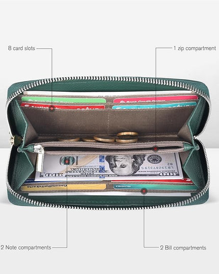 Oak Leathers Green Leather Wallet for Women - Medium RFID Womens Wallet Clutch with 8 Credit Card Holder, Coin Pocket, Gift for Women’s