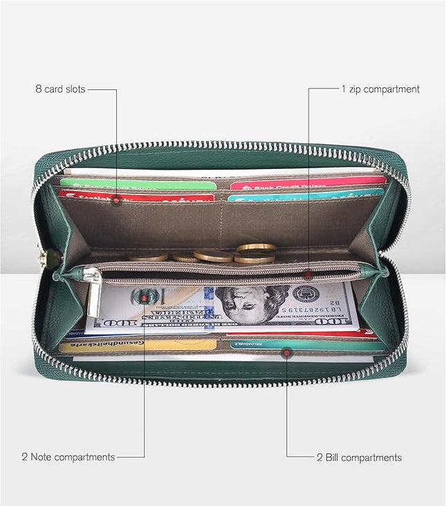 Oak Leathers Green Leather Wallet for Women - Medium RFID Womens Wallet Clutch with 8 Credit Card Holder, Coin Pocket, Gift for Women’s