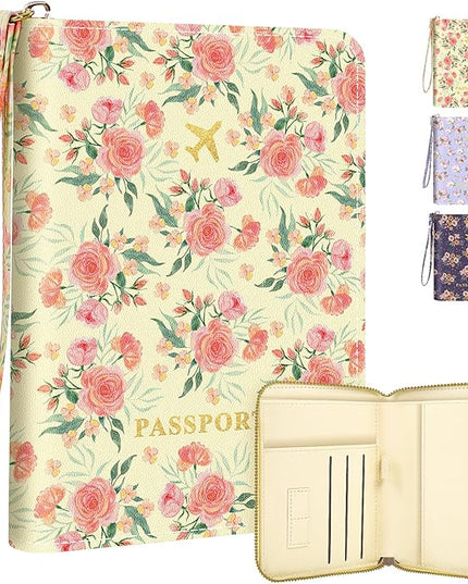 Passport Holder, Passport Holder For Travel, Passport Cover For Travel Essentials, Passport Wallet Cover RFID Blocking, Cute Passport Book for Women and Men, Pink Flowers