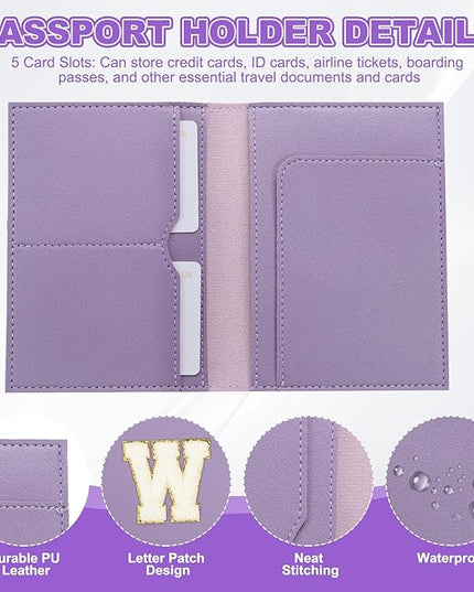 PATIKIL Passport Holder for Travel, Initial Passport Cover and Luggage Tag Set with Alphabet Chenille Letter Patch Travel Wallet Bag Suitcase Identifier for Women Family Travel Purple W