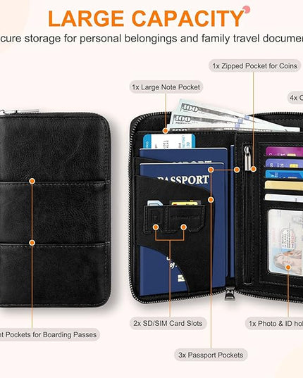 Family Passport Holder Wallet with Zipper, RFID Blocking Travel Document Organizer, PU Leather Passport Wallet for Women Men, Passport Cover Travel Wallet for Boarding Pass, ID, Money, Tickets