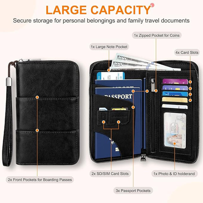 Family Passport Holder Wallet with Zipper, RFID Blocking Travel Document Organizer, PU Leather Passport Wallet for Women Men, Passport Cover Travel Wallet for Boarding Pass, ID, Money, Tickets