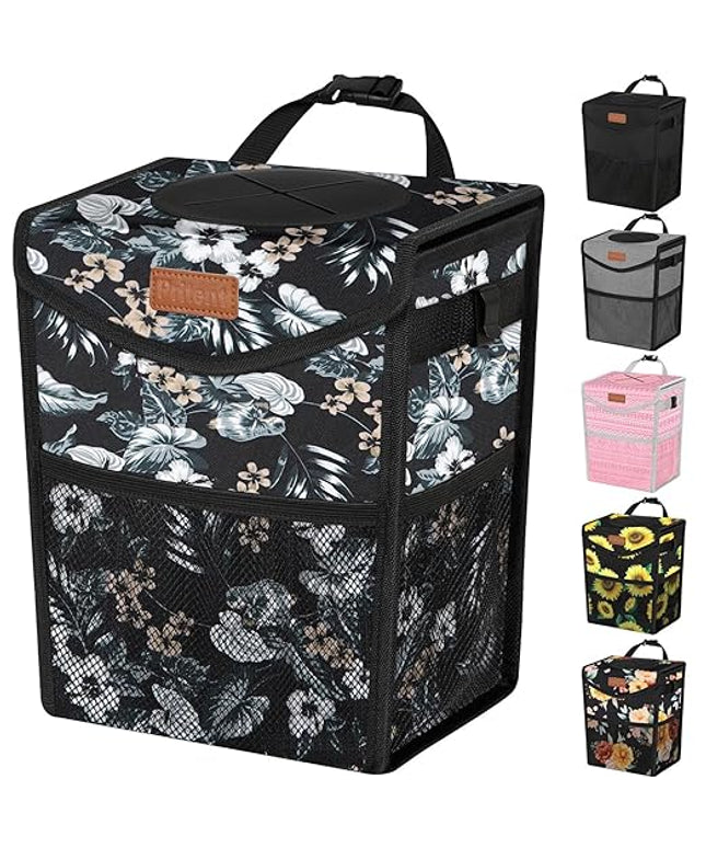 Car Trash Can with Lid, Cute Leakproof Car Trash Garbage Bag Hanging Vehicle Trash Bin Small Portable Automotive Garbage Cans Organizer for Back/Front Seat(Trapezoid,Black with Lily Print)