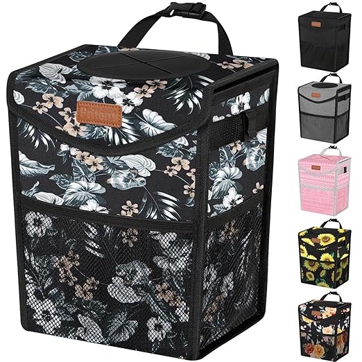 Car Trash Can with Lid, Cute Leakproof Car Trash Garbage Bag Hanging Vehicle Trash Bin Small Portable Automotive Garbage Cans Organizer for Back/Front Seat(Trapezoid,Black with Lily Print)