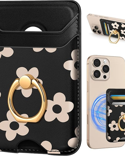 Shorogyt Compatible with Magsafe Wallet Magnetic Card Holder - Phone Wallets with Ring Grip Stand Cute Fashion for iPhone 17/16/15/14/13/12 Series for Women Girls Black Flower Design, Fit 3 Cards
