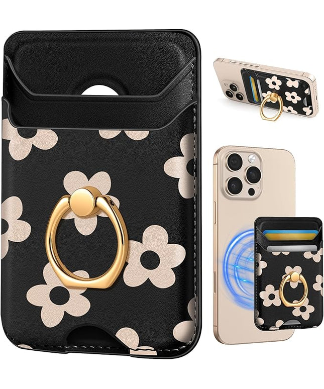 Shorogyt Compatible with Magsafe Wallet Magnetic Card Holder - Phone Wallets with Ring Grip Stand Cute Fashion for iPhone 17/16/15/14/13/12 Series for Women Girls Black Flower Design, Fit 3 Cards