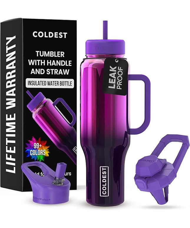 Coldest Tumbler with Handle and Straw - 100% Spill Proof Tumbler with Straw (3 Lids) - Stainless Steel Insulated Leakproof Tumblers for Women & Men - Cup Holder Friendly - 46 oz (Purple Nova)