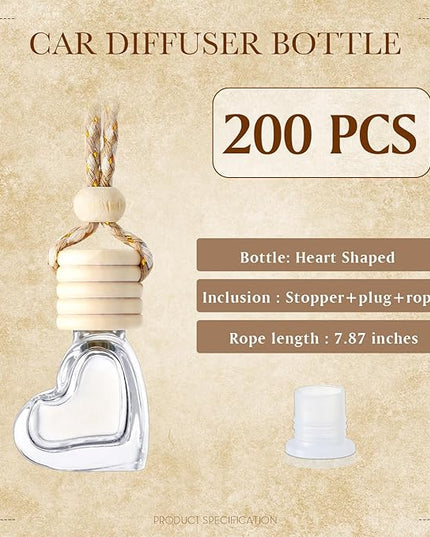 BBTO 200 Pcs Hanging Car Diffuser Bottles Bulk, Empty Clear Glass Air Freshener Bottles with Wooden Cap for Perfume Essential Oils Fragrance Aromatherapy Ornament(Heart)
