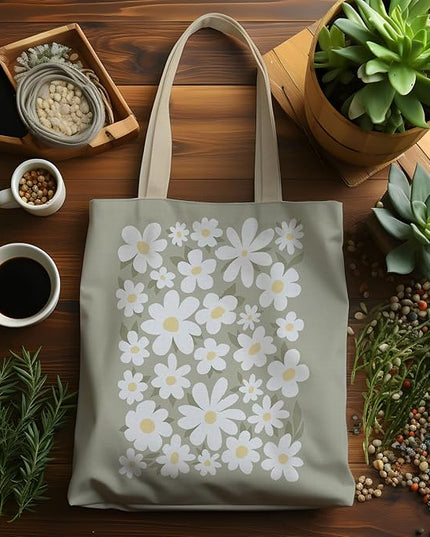 Sage Green Aesthetic Canvas Tote Bags, Floral Cute Flower Tote for Women, Reusable Grocery Shopping Bags