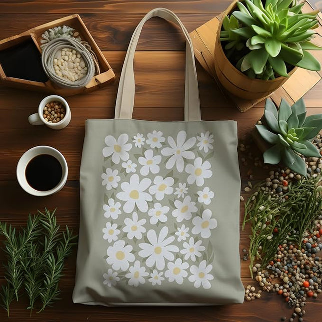 Sage Green Aesthetic Canvas Tote Bags, Floral Cute Flower Tote for Women, Reusable Grocery Shopping Bags